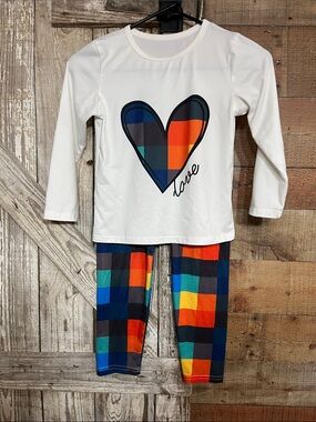 Girls White Heart Plaid Set with Multicolor Plaid Leggings